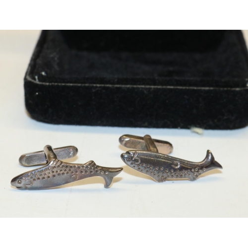 345 - Pair of boxed Ola Gorrie silver cufflinks in the form of salmon, L2.5cm, and a resin pendant decorat... 