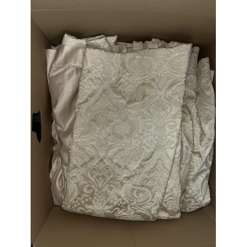 355 - Pair of light gold/cream damask curtains, approx. 231cm drop, lined, with pelmets and nets, pelmets ... 