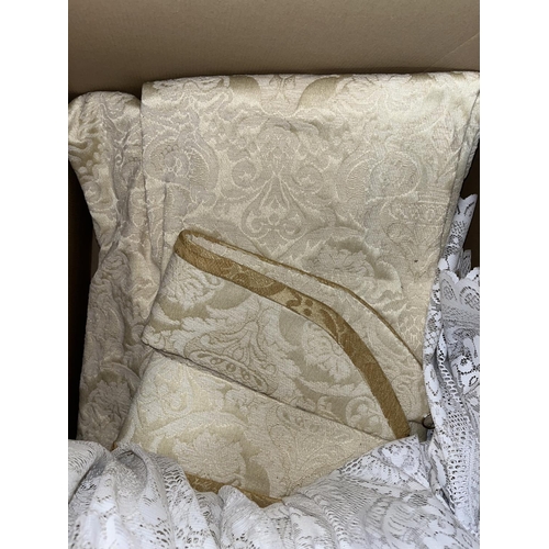 356 - Pair of light gold/cream damask curtains, approx. 229cm drop, lined, with tiebacks, pelmet and nets,... 