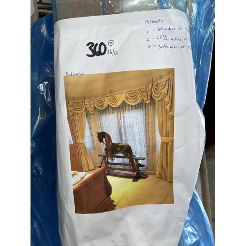 360 - Pair of light gold/cream curtains, approx. 203cm drop, lined, with pelmets, nets and tiebacks, pelme... 