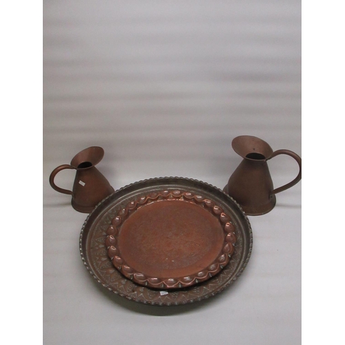 338 - 2 large copper trays and 2 copper jugs