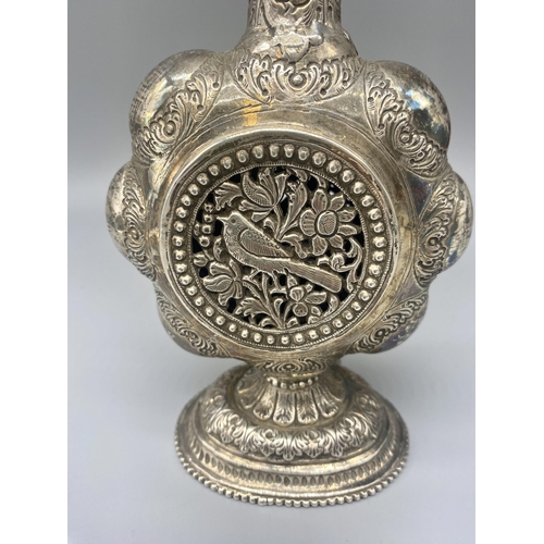 43 - Anthea Turner Collection - late C19th Indian white metal rose water sprinkler with ornate foliage de... 