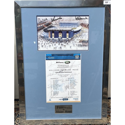 838 - Maine Road signed display, picture signed by Summerbee, Lee and Bell, Team sheet signed by the Squad... 