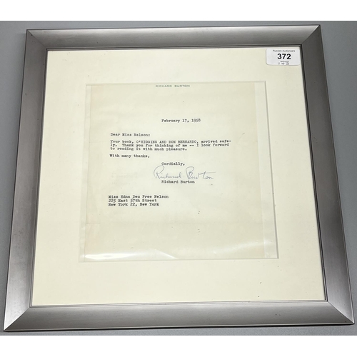 839 - Framed hand signed Richard Burton letter to Miss Edna Deu Pree Nelson ' Dear Miss Nelson Your Book, ... 