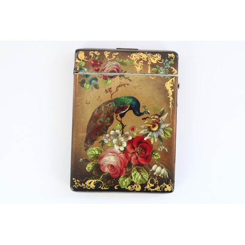 764 - C19th black papier mache card case, painted in a gilt wash background with birds of paradise on flor... 