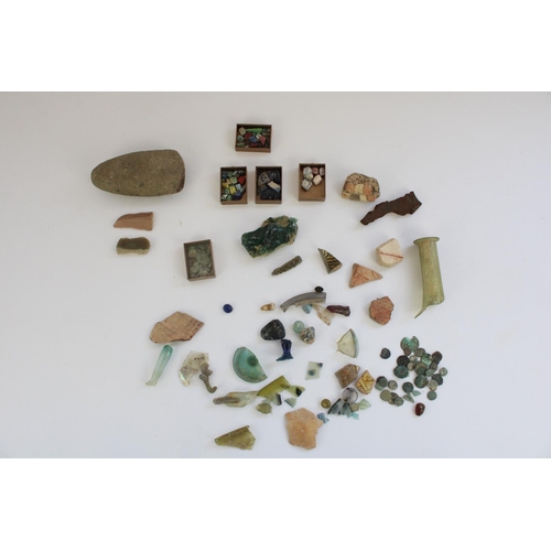 765 - Selection of Cypriot Greco-Roman pottery shards, tile pieces, glass shards, coins and earlier Paleol... 