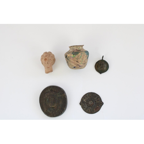 766 - Selection of Cypriot Greco-Roman antiquities incl. bronze plaque with female mask in relief, small p... 