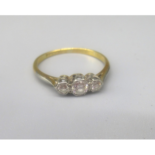 69 - Yellow gold and platinum three stone diamond ring, stamped ?ct & pt, size O 1/2,  1.9g