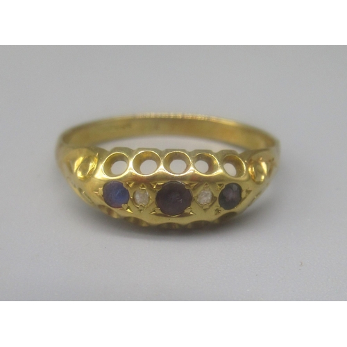 72 - 18ct yellow gold gypsy ring set with blue and clear stones, stamped 18, size Q, 2.6g