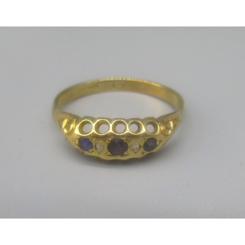 72 - 18ct yellow gold gypsy ring set with blue and clear stones, stamped 18, size Q, 2.6g