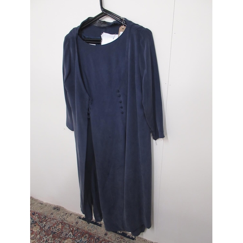 253 - Susan Guinness Brown, Harrogate Ladies blue silk coat and dress size 12, Brocade dress size 12 and a... 