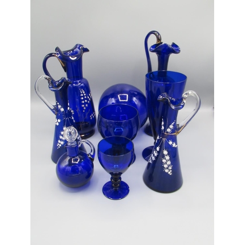 166 - Pair of late Victorian Bristol Blue conical design jugs with clear handles decorated with enamels H1... 