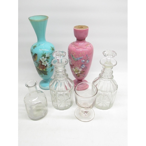 167 - Two Victorian opaline glass vases decorated with enamels depicting butterflies and flowers and birds... 