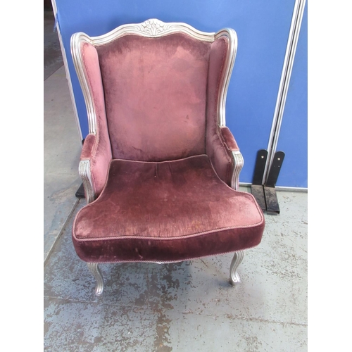 198 - Jenny Powell Collection - French Rococo style silver framed wing back arm chair upholstered in plum ... 