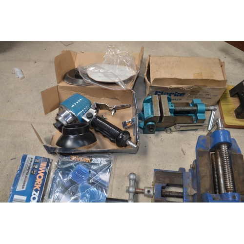 1385 - Collection of workshop clamps, vices, Work Zone air driven orbital sander, compound mitre saw by C.K... 