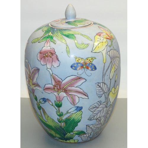 857 - Large C20th Chinese ginger jar and cover, decorated with flowers and butterflies, on lilac ground, H... 