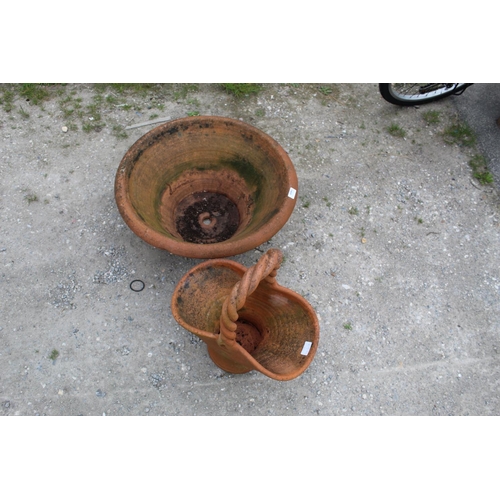 1469 - Large terracotta circular planter approx 59cm x 26cm and a terracotta planter in the shape of a flow... 