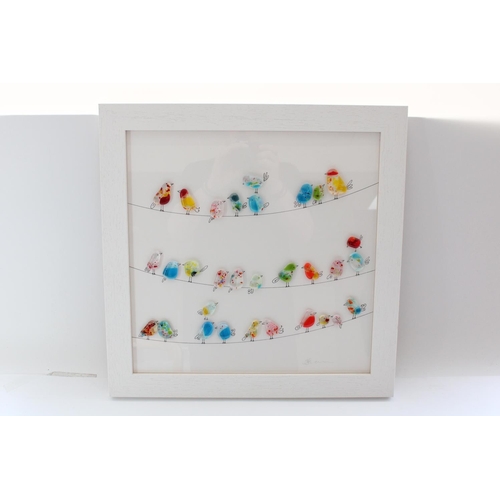 876 - Niko Brown (British Contemporary); 'Square Birds on a Line', fused coloured glass on glazed backgrou... 