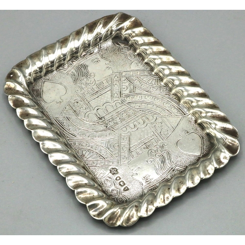 1189 - Victorian hallmarked silver 'King of Spades' rectangular card tray, with gadrooned border, by Willia... 