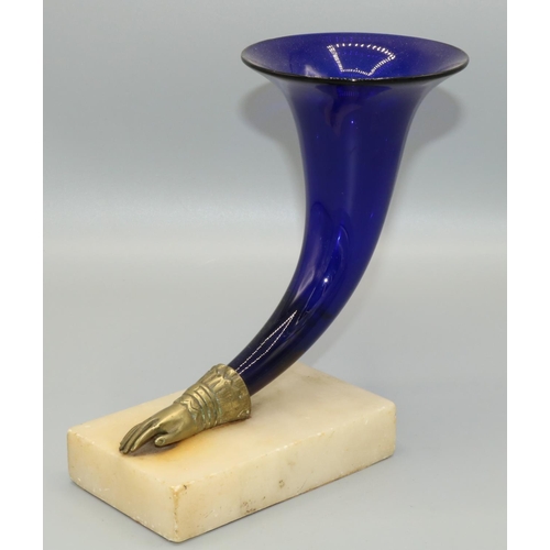 1279 - Regency style blue glass Cornucopia vase, with brass hand mount on rectangular white marble base, W2... 