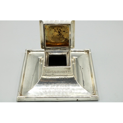 1188 - George V hallmarked silver square inkwell, with hinged lid, engraved 'Leeds Law Society Golf Tournam... 