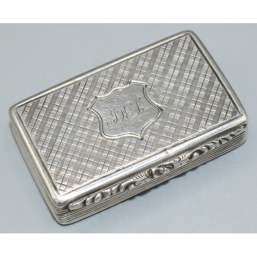 1103 - Victorian hallmarked silver rectangular snuff box, hinged lid with initialled cartouche on a hatched... 