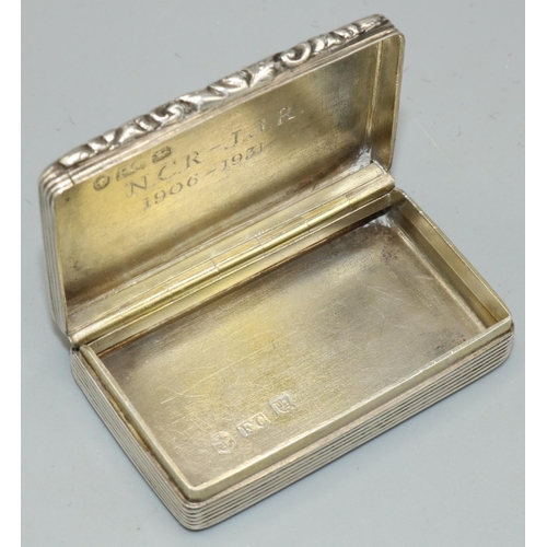 1103 - Victorian hallmarked silver rectangular snuff box, hinged lid with initialled cartouche on a hatched... 