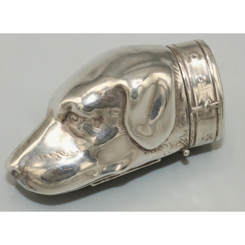 1098 - C20th continental silver hounds head vesta case, with hinged collar and base strike, stamped 925 CME... 