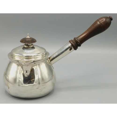 1077 - George III hallmarked silver brandy pan with lid, of squat baluster form with hinged spout, turned w... 