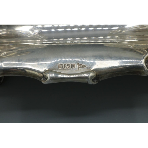 1069 - Edward VII hallmarked silver rectangular inkstand, with scrolled edge on four scroll feet, the two c... 