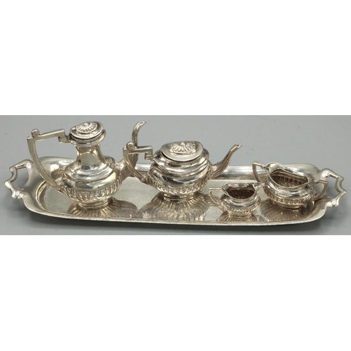 1125 - Elizabeth II hallmarked silver miniature four piece tea service on tray, by S J Rose & Son, Birmingh... 