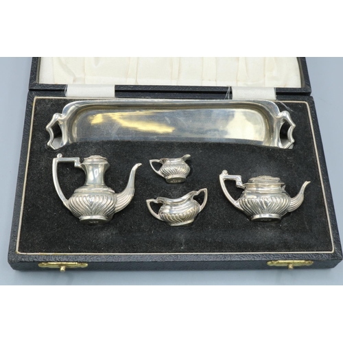 1125 - Elizabeth II hallmarked silver miniature four piece tea service on tray, by S J Rose & Son, Birmingh... 