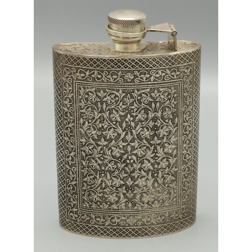 1127 - C20th silver hip flask, curved body decorated with trailing foliage in hatched border, hinged screw ... 