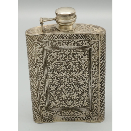 1127 - C20th silver hip flask, curved body decorated with trailing foliage in hatched border, hinged screw ... 