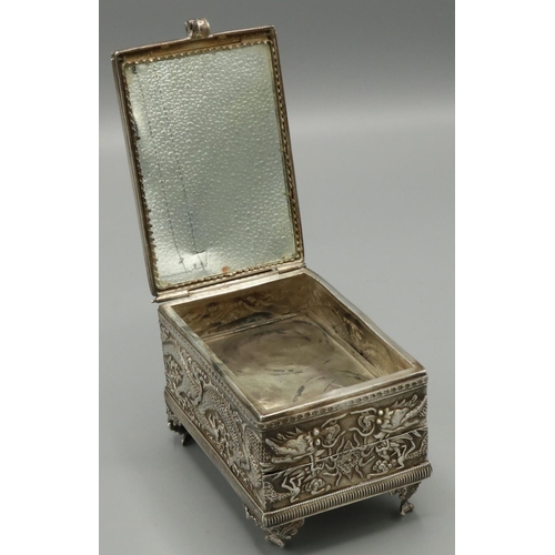 1067 - Early C20th Chinese silver rectangular jewellery box, hinged cover with interior mirror above a draw... 