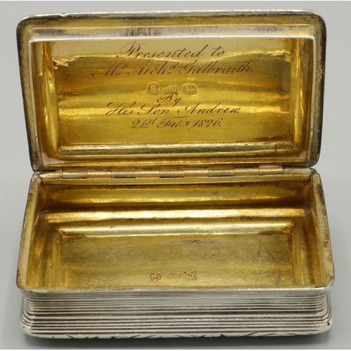 1074 - George IV hallmarked silver rectangular table snuff box, with scroll border, reeded sides and engine... 