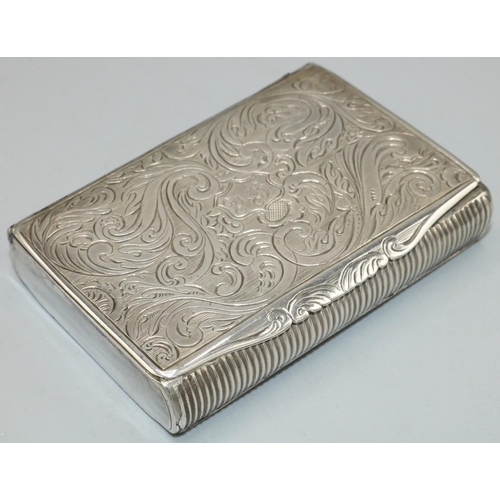 1146 - C19th Continental white metal rectangular snuff box, hinged lid engraved with scrolls and cartouche,... 