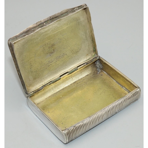 1146 - C19th Continental white metal rectangular snuff box, hinged lid engraved with scrolls and cartouche,... 