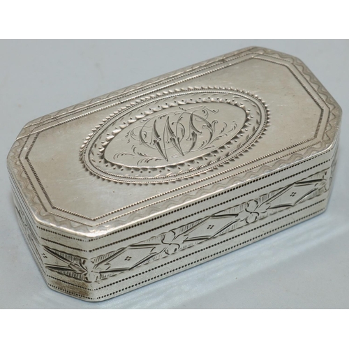 1147 - George III hallmarked silver canted  rectangular snuff box, with bright cut and dot prick decoration... 