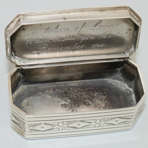 1147 - George III hallmarked silver canted  rectangular snuff box, with bright cut and dot prick decoration... 