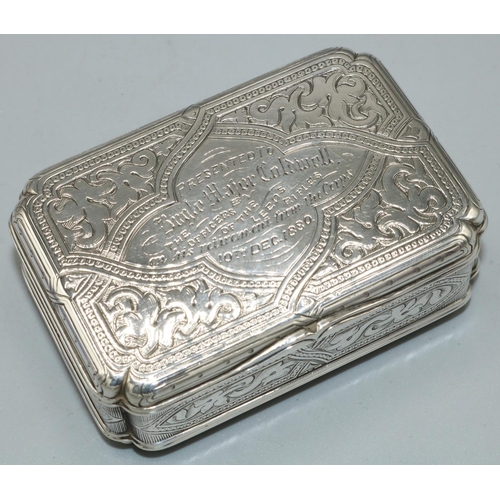 1081 - Victorian hallmarked silver rectangular table snuff box, all over engraved with strapwork, cartouche... 