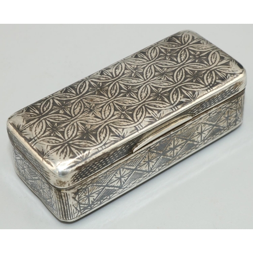 1175 - C19th Russian silver rectangular snuff box, all over niello decorated with geometric designs, stampe... 