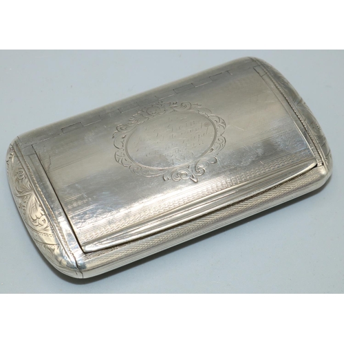 1150 - Victorian hallmarked silver rounded rectangular snuff box, engine turned with scroll end detail, hin... 