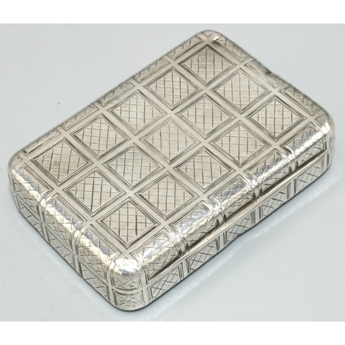 1120 - George III hallmarked silver rectangular table snuff box, all over engraved with hatched square deta... 