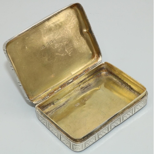 1120 - George III hallmarked silver rectangular table snuff box, all over engraved with hatched square deta... 