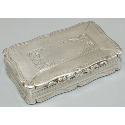 1108 - Victorian hallmarked silver shaped rectangular snuff box, plain hinged lid with vacant oval cartouch... 