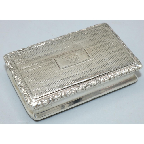 1149 - George IV hallmarked silver rectangular snuff box, engine turned with scroll cast edge, hinged lid w... 