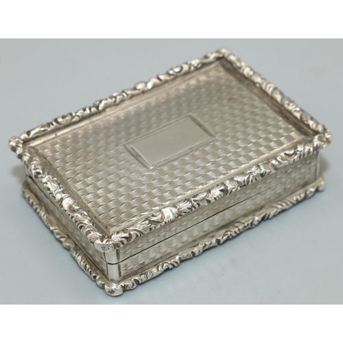 1102 - William IV hallmarked silver rectangular vinaigrette, engine turned with cast border, hinged cover w... 