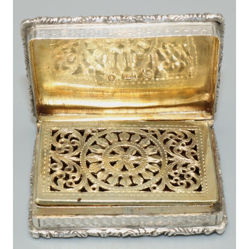 1102 - William IV hallmarked silver rectangular vinaigrette, engine turned with cast border, hinged cover w... 