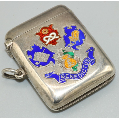 1140 - Edwardian hallmarked silver rectangular vesta case, enamelled with four crests for 'Comfort and Vice... 